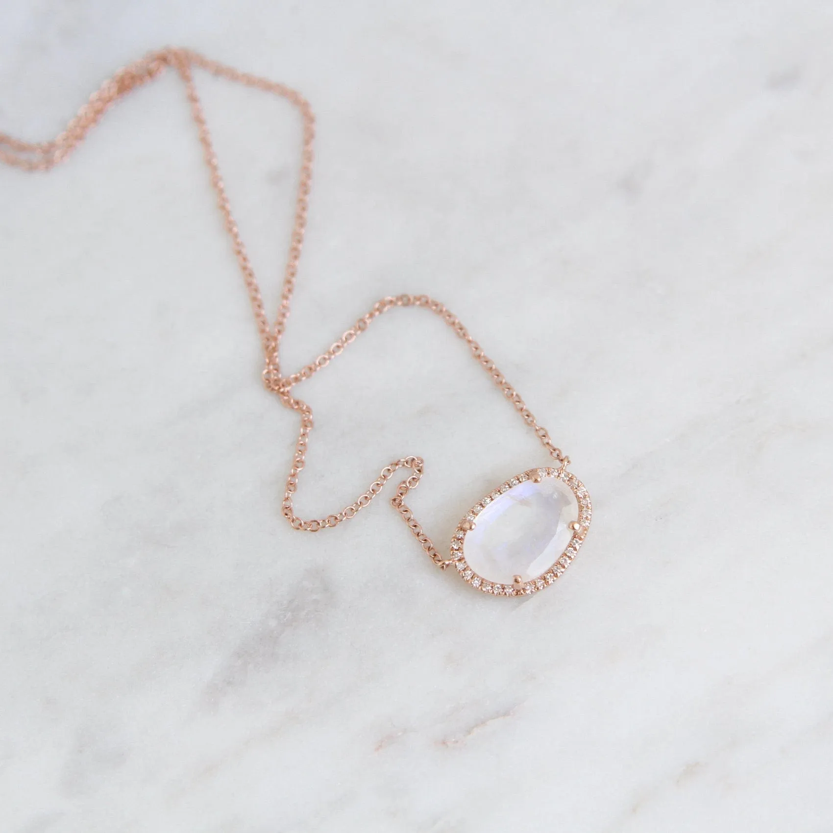 14k Rose Gold Organic Shaped Rainbow Moonstone Necklace