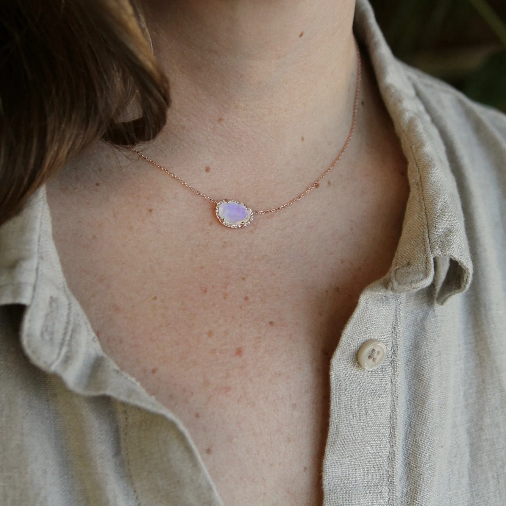 14k Rose Gold Organic Shaped Rainbow Moonstone Necklace