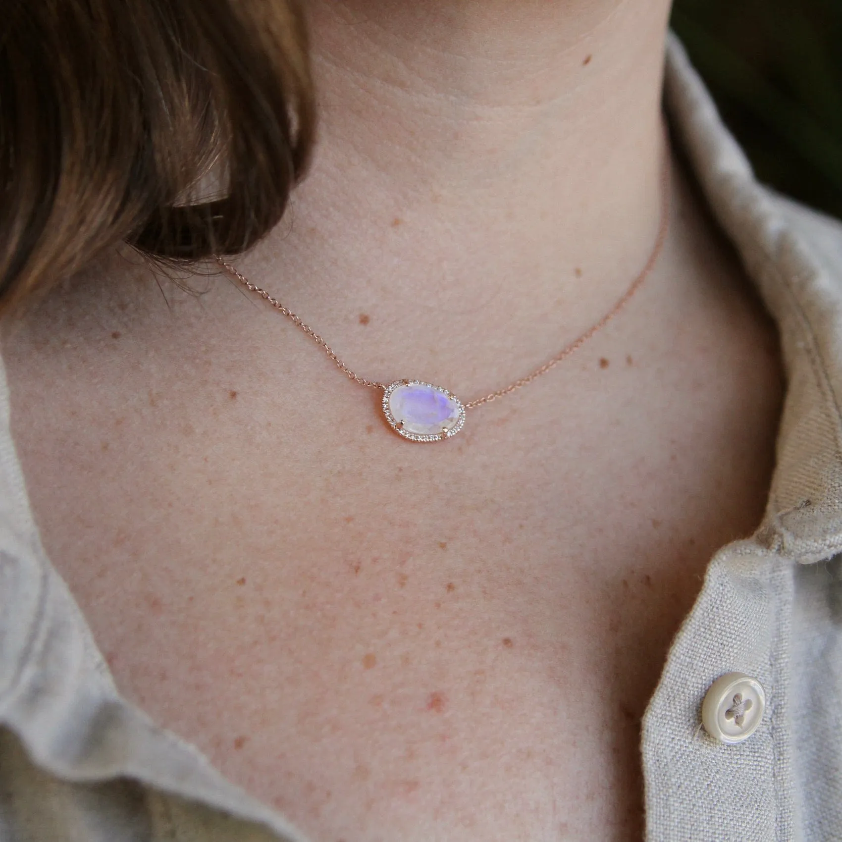 14k Rose Gold Organic Shaped Rainbow Moonstone Necklace