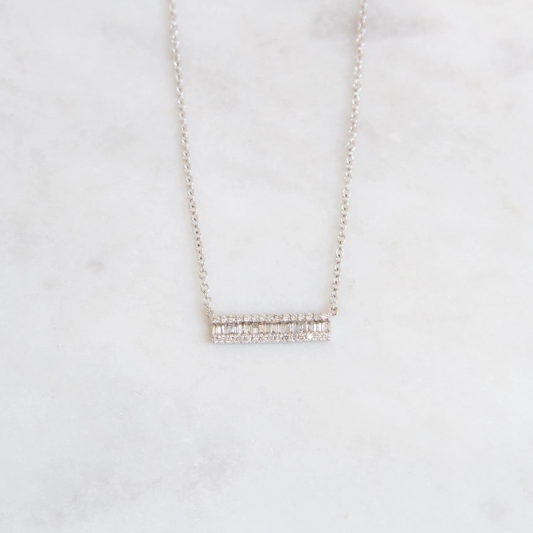 14K White Gold Channel Baguette with Diamond Edge Bar Necklace