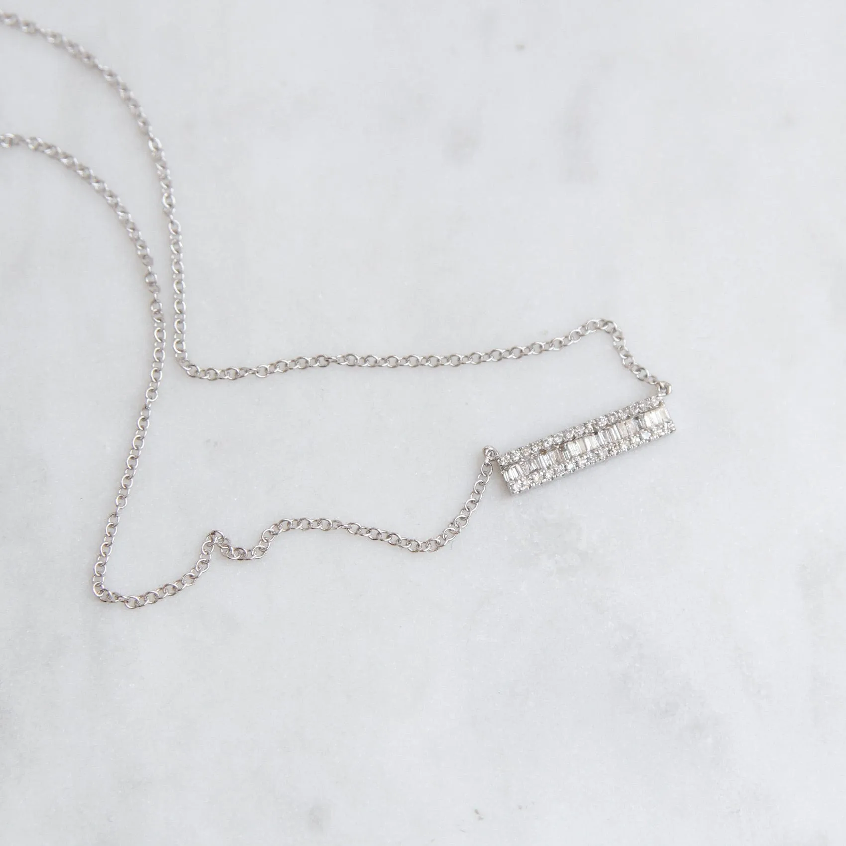 14K White Gold Channel Baguette with Diamond Edge Bar Necklace