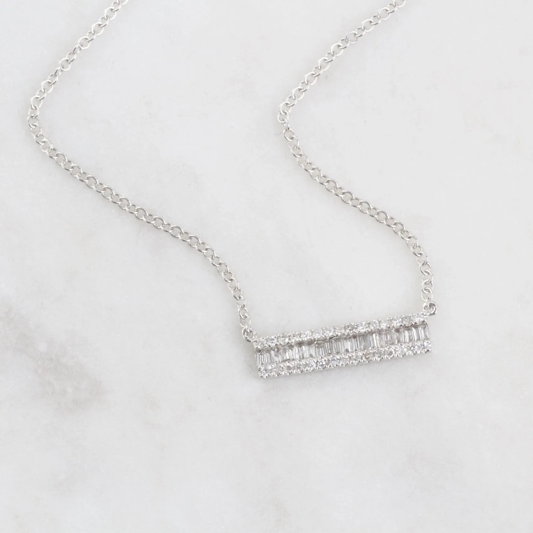 14K White Gold Channel Baguette with Diamond Edge Bar Necklace