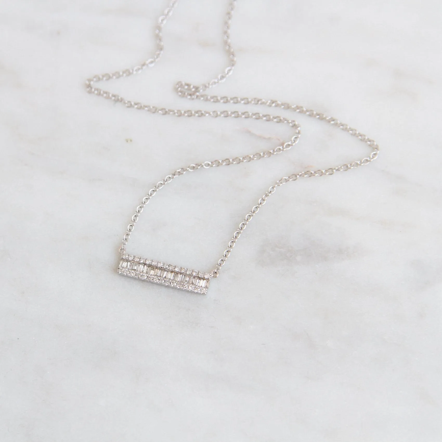 14K White Gold Channel Baguette with Diamond Edge Bar Necklace