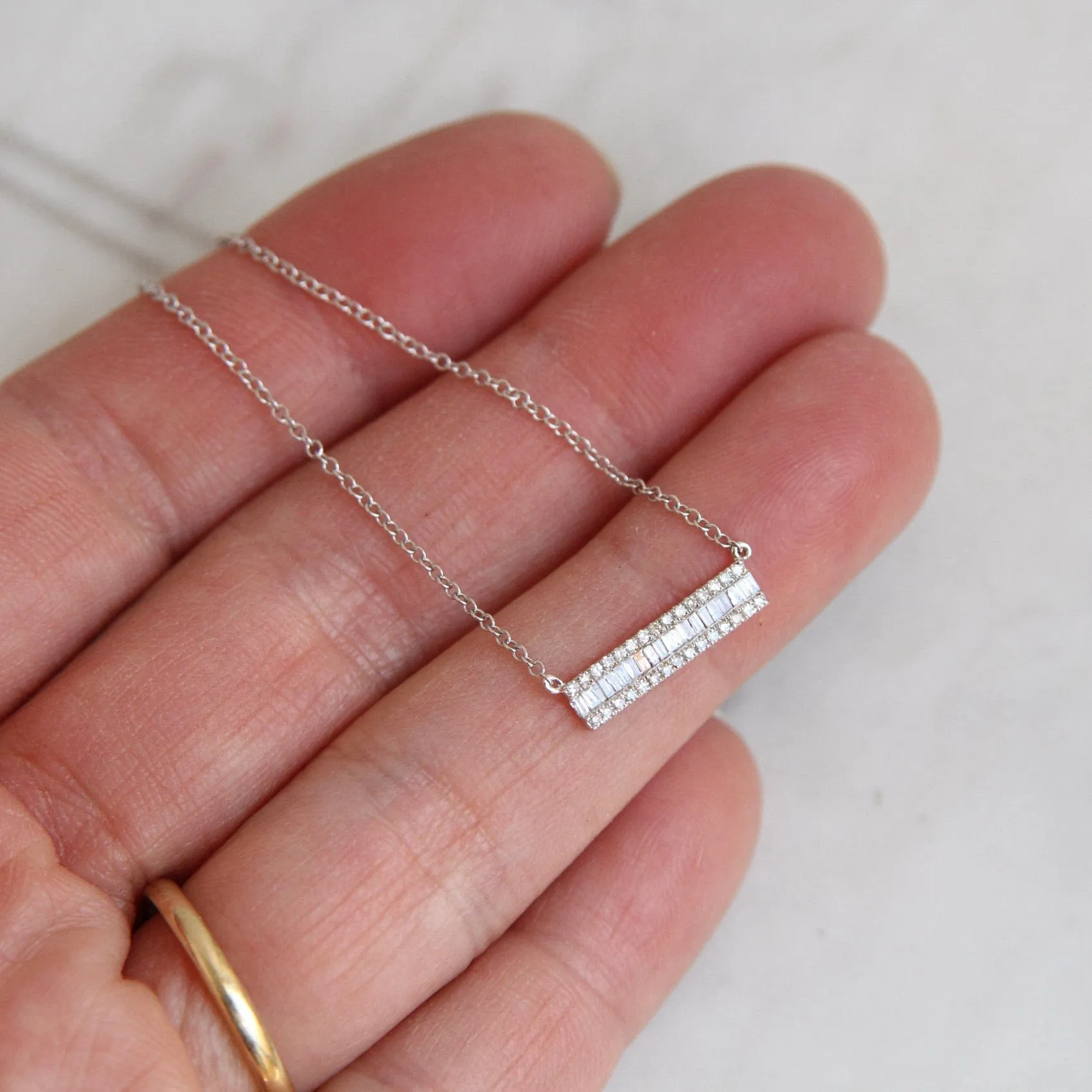 14K White Gold Channel Baguette with Diamond Edge Bar Necklace