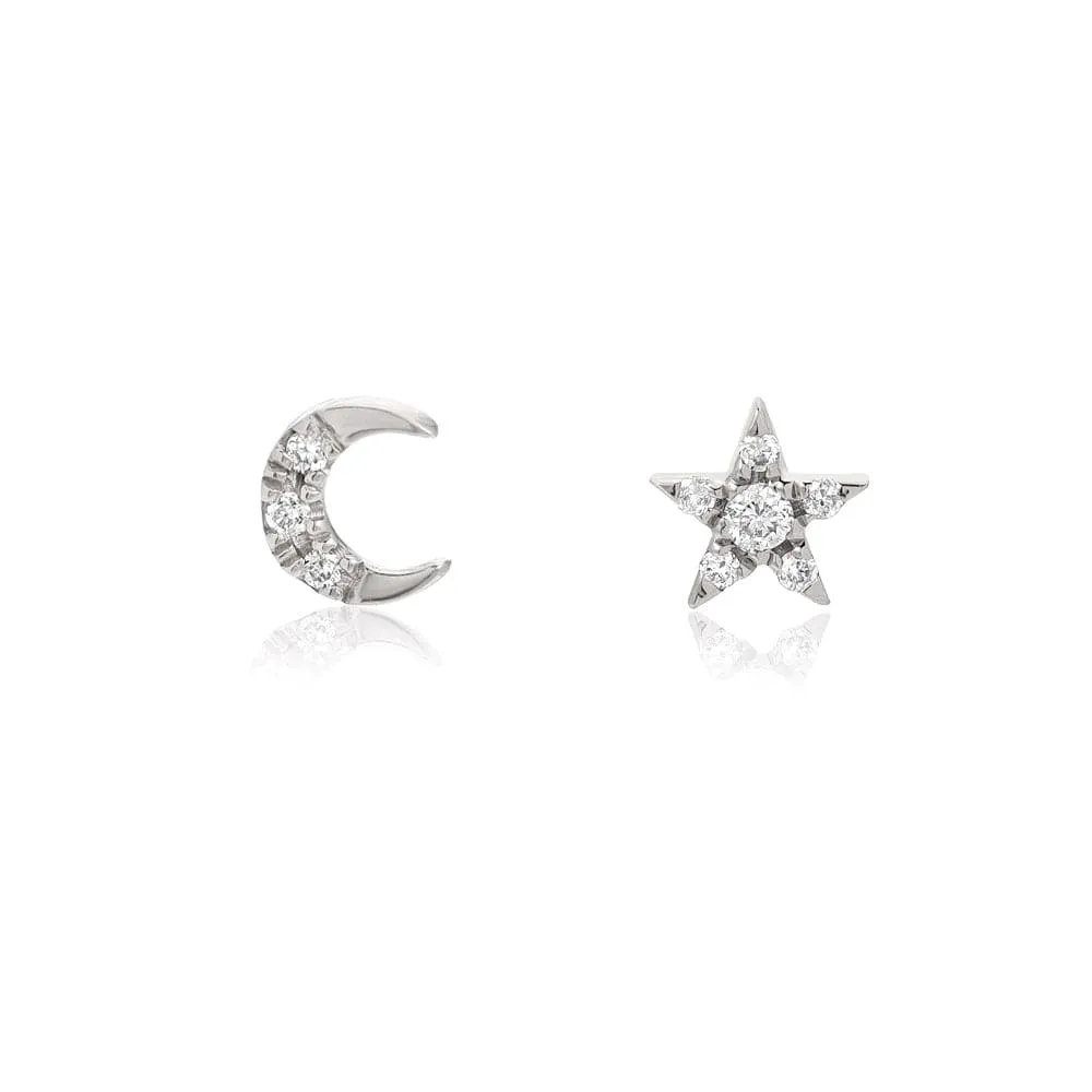 14k White Gold Pavé Diamond Mini Star & Moon Post Earrings