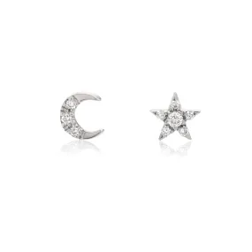 14k White Gold Pavé Diamond Mini Star & Moon Post Earrings