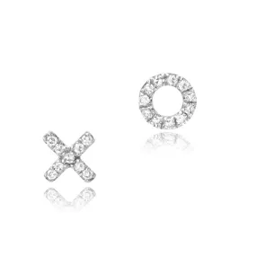 14k White Gold Pavé Diamond Petite X & O Mismatched Post Earrings