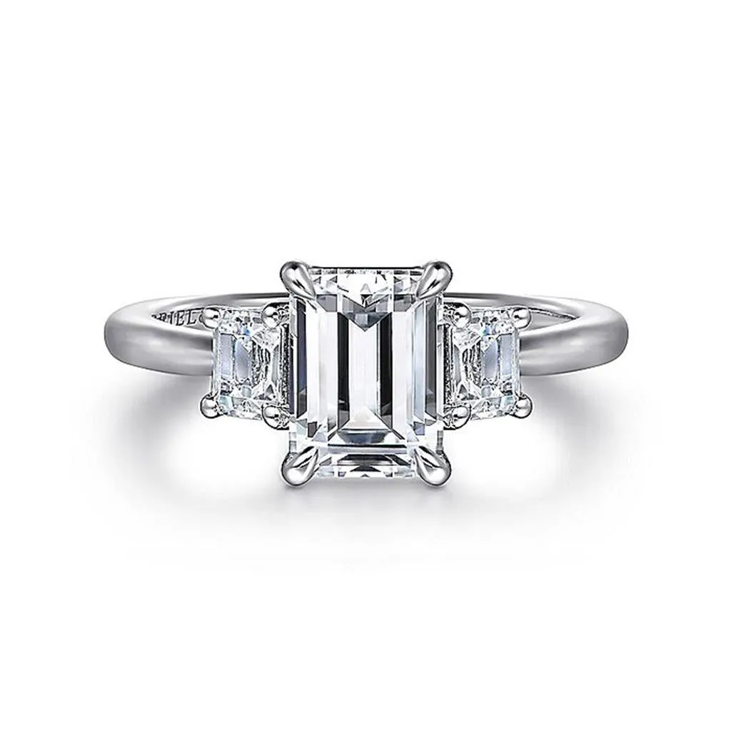 14K White Gold 'Stephi' Three Stone Emerald Cut Diamond Engagement Ring