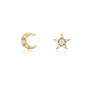 14k Yellow Gold Pavé Diamond Super Mini Star & Moon Post Earrings