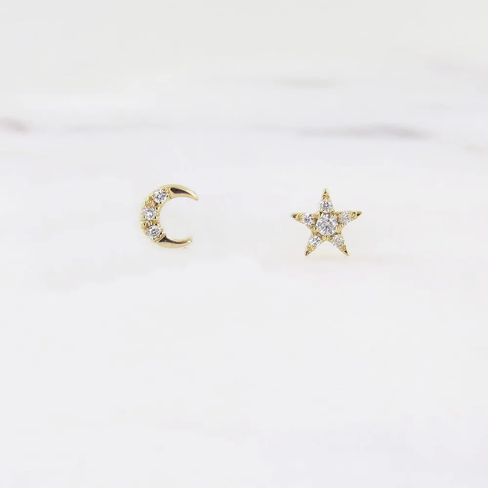 14k Yellow Gold Pavé Diamond Super Mini Star & Moon Post Earrings