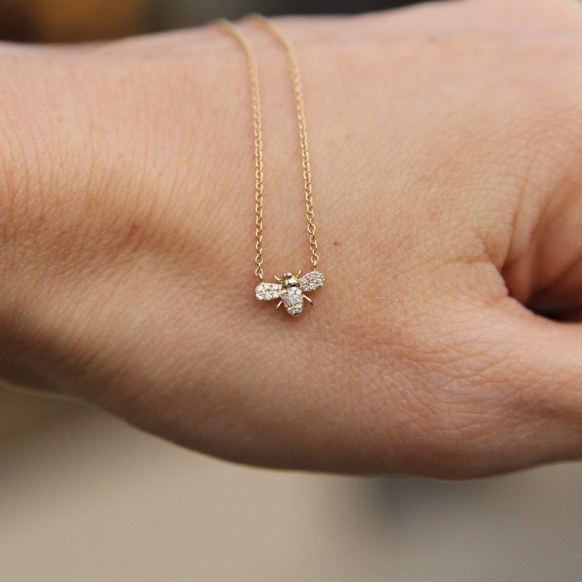 14k Yellow Gold Petite Diamond Bee Necklace