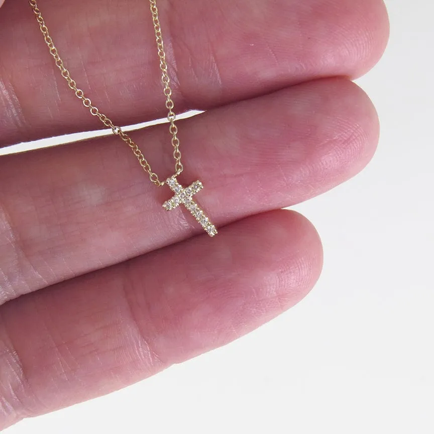 14k Yellow Gold Petite Diamond Cross Necklace