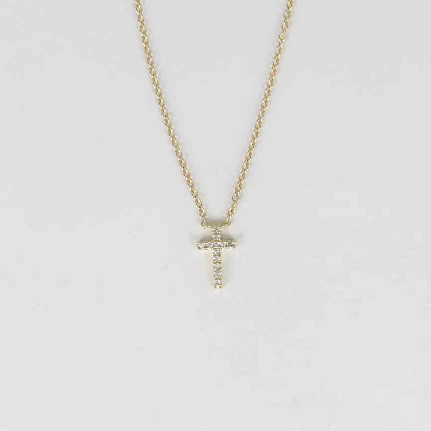 14k Yellow Gold Petite Diamond Cross Necklace