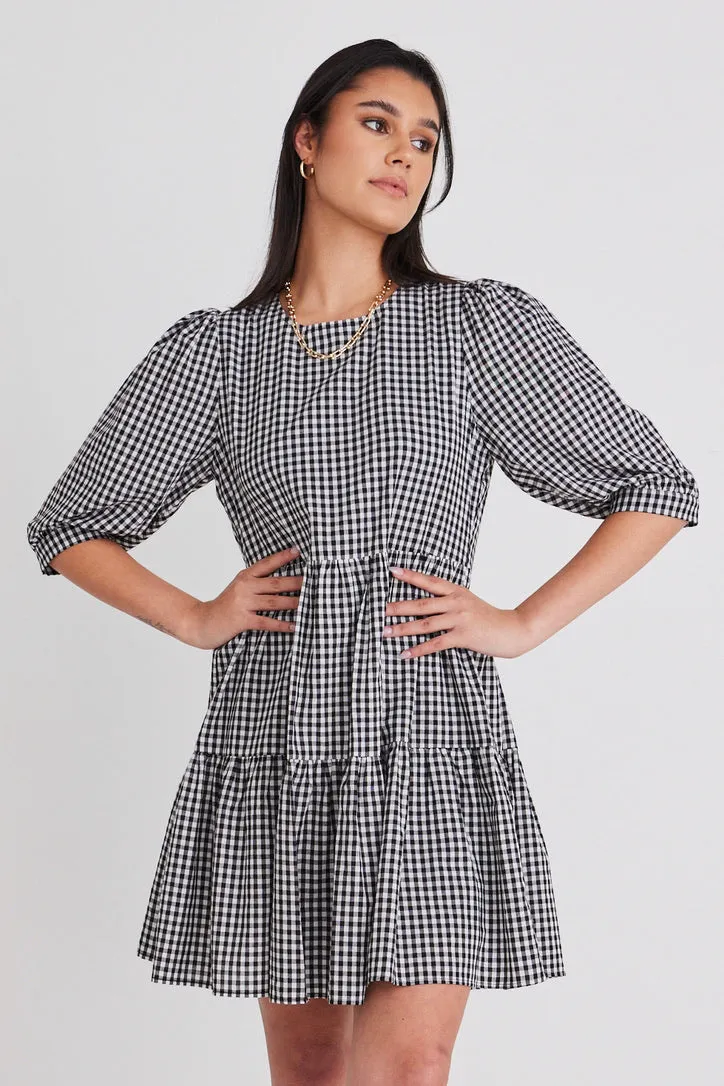 Anytime Black Gingham Tie Back Ss Puff Sleeve Tiered Mini Dress