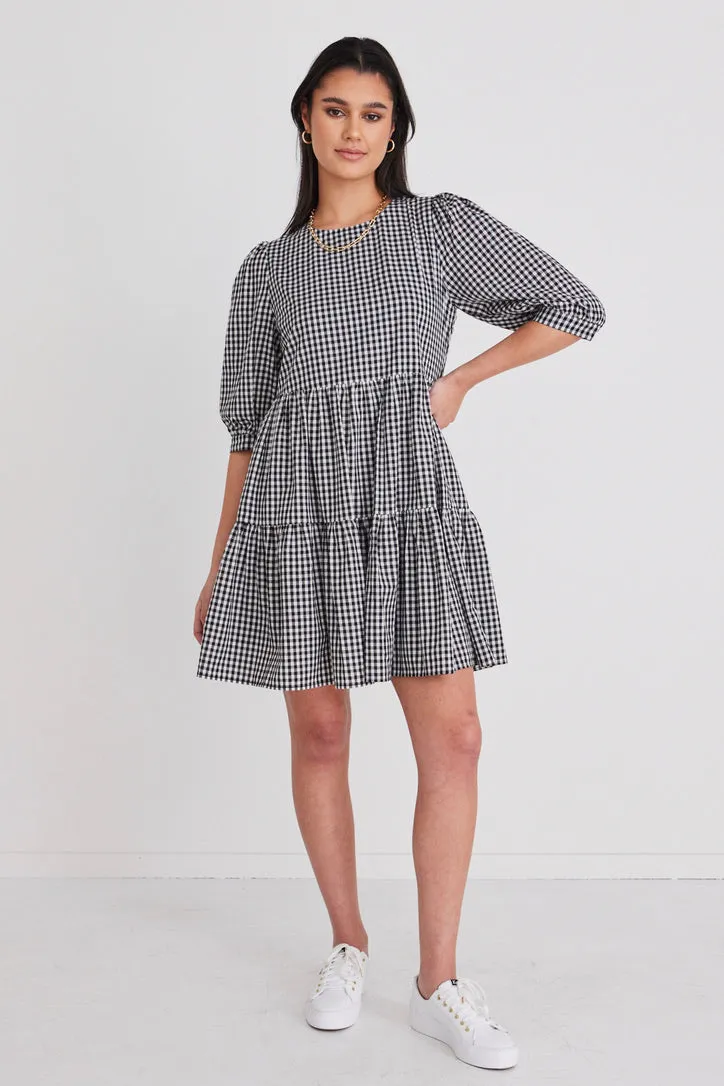 Anytime Black Gingham Tie Back Ss Puff Sleeve Tiered Mini Dress