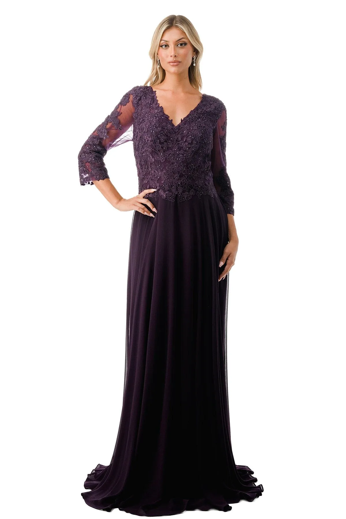 Applique 3/4 Sleeve A-line Gown by Coya M2758Q