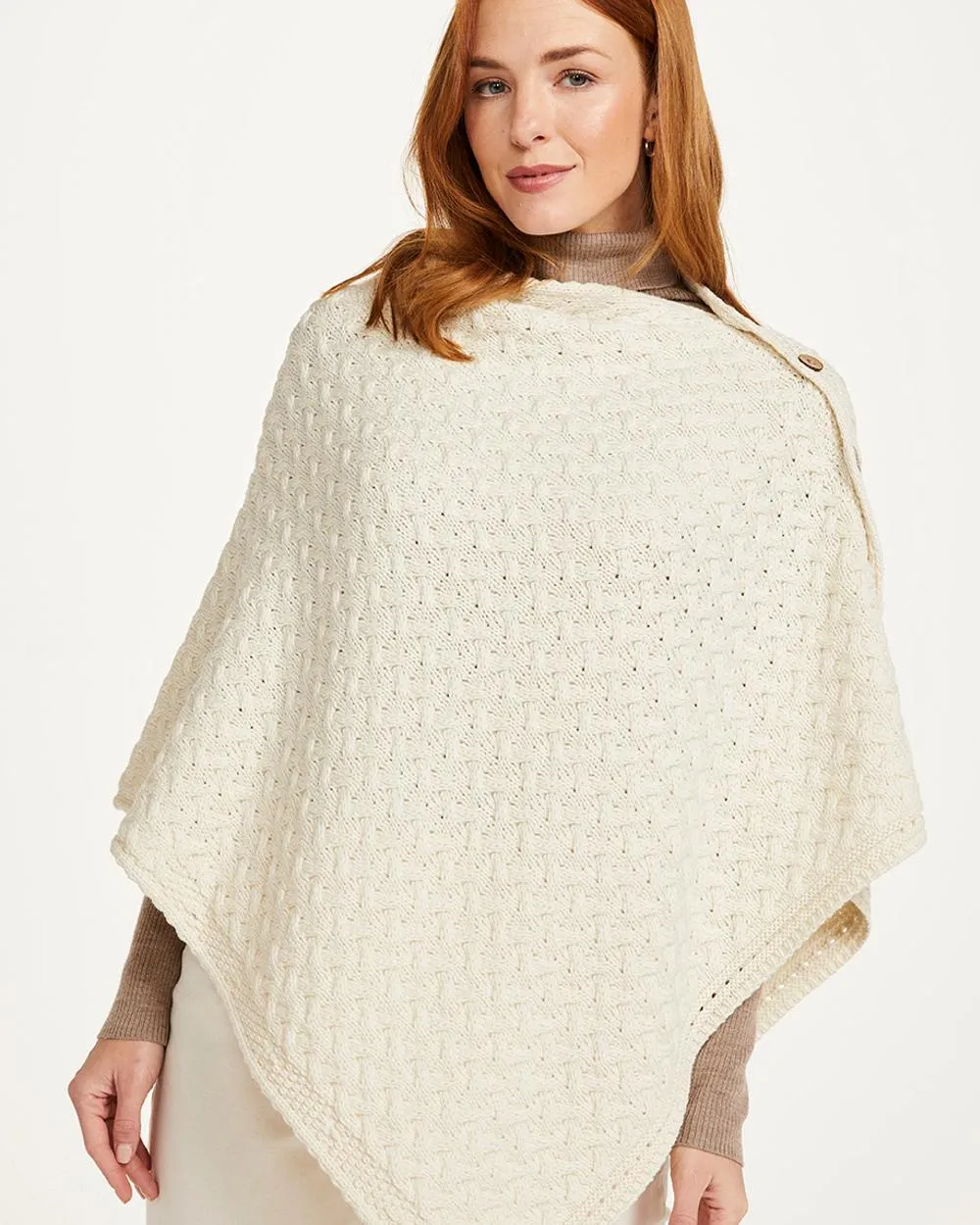 Aran Merino Wool Knit Button Poncho