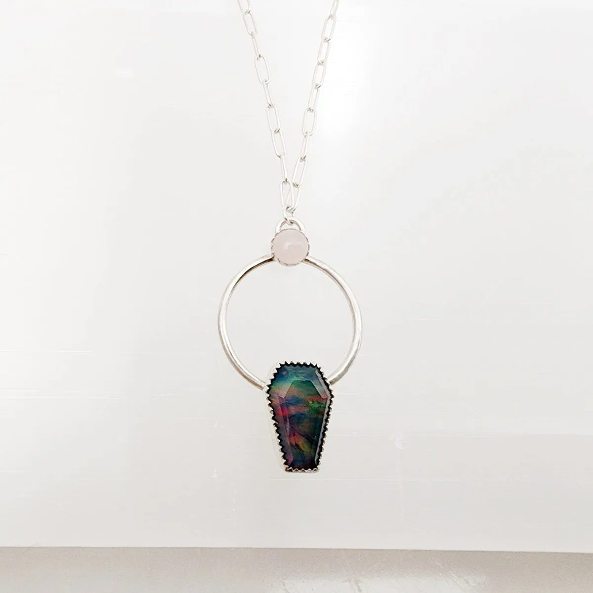 Aurora Opal Coffin and Rose Quartz Gemstone necklace in Sterling Silver