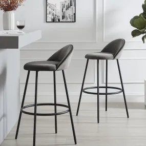 Barton Set of 2 Grey Velvet Upholstered Bar Stools with Contrast Piping