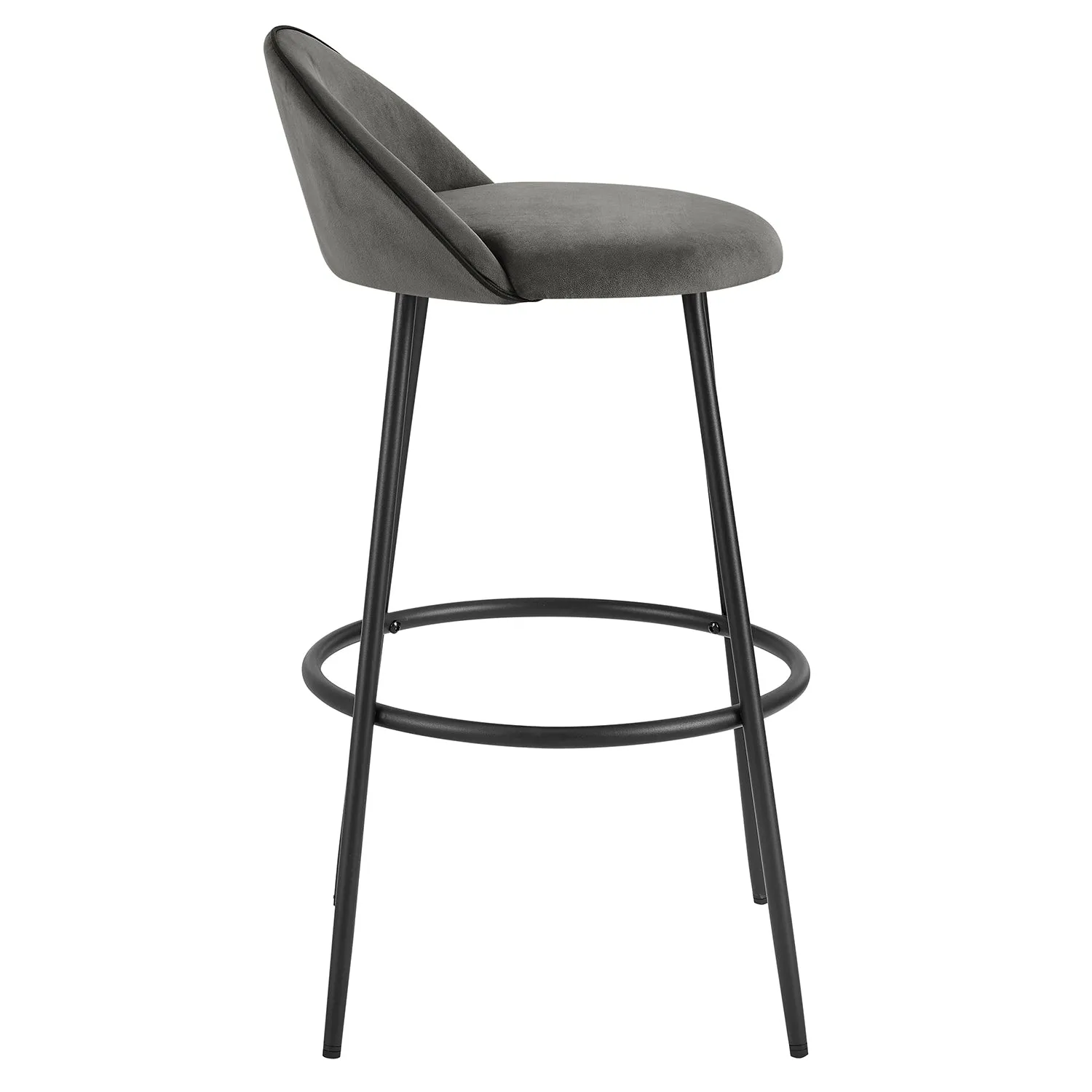 Barton Set of 2 Grey Velvet Upholstered Bar Stools with Contrast Piping