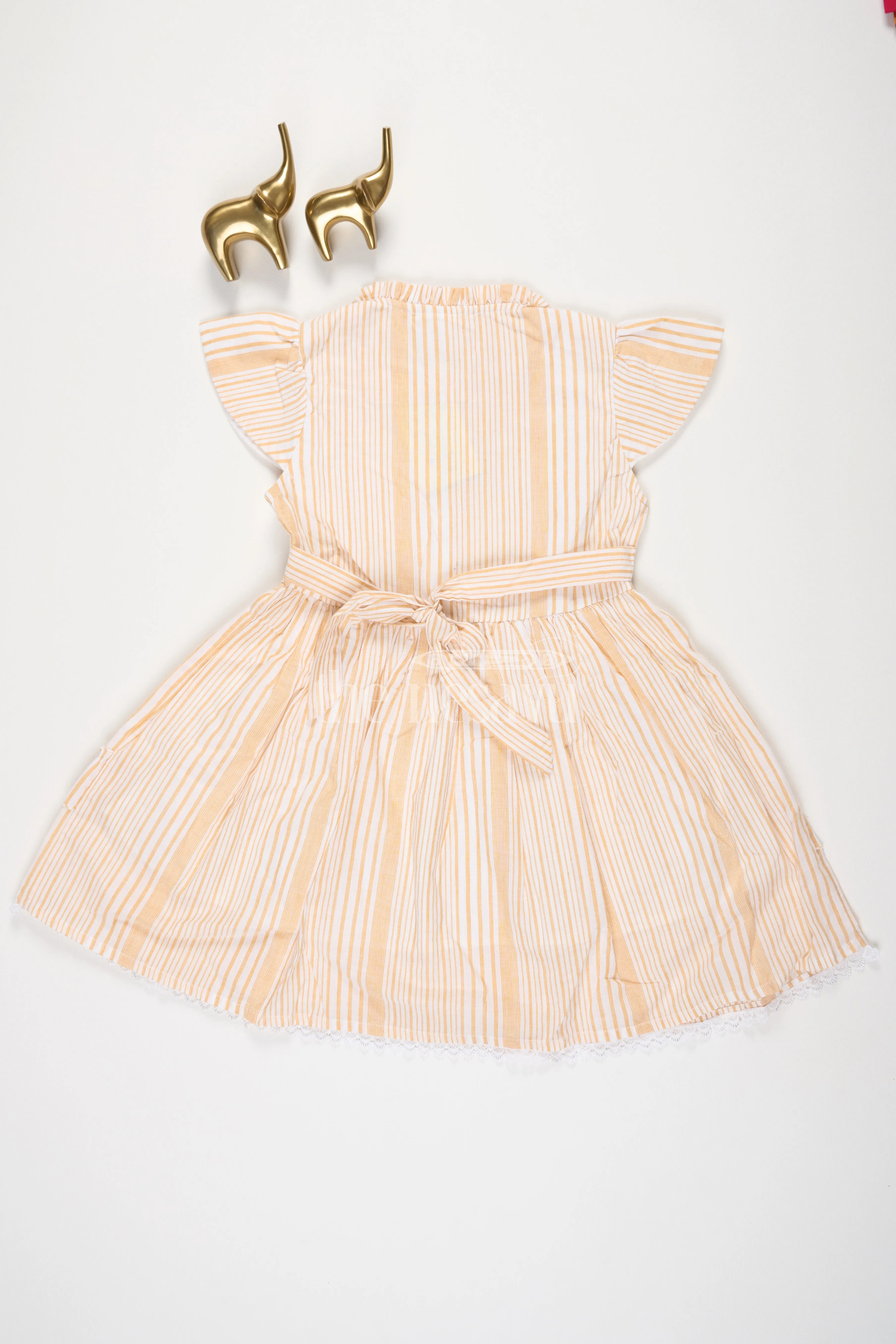 Beige Cotton Frock with Stripes and Pleats for Girls