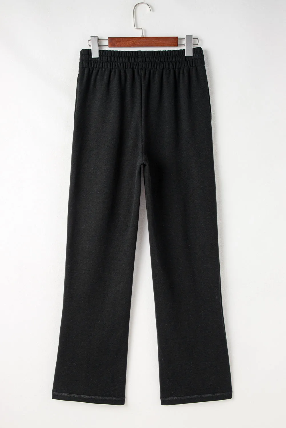 Black Solid Color Fleece Lined Drawstring Waist Casual Pants