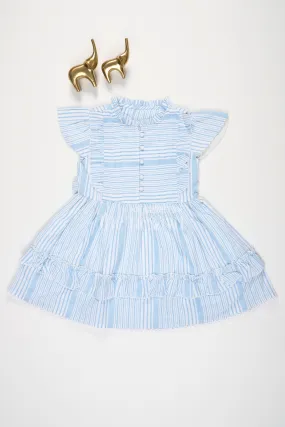 Blue Cotton Frock with Ruffles and Pleats for Girls