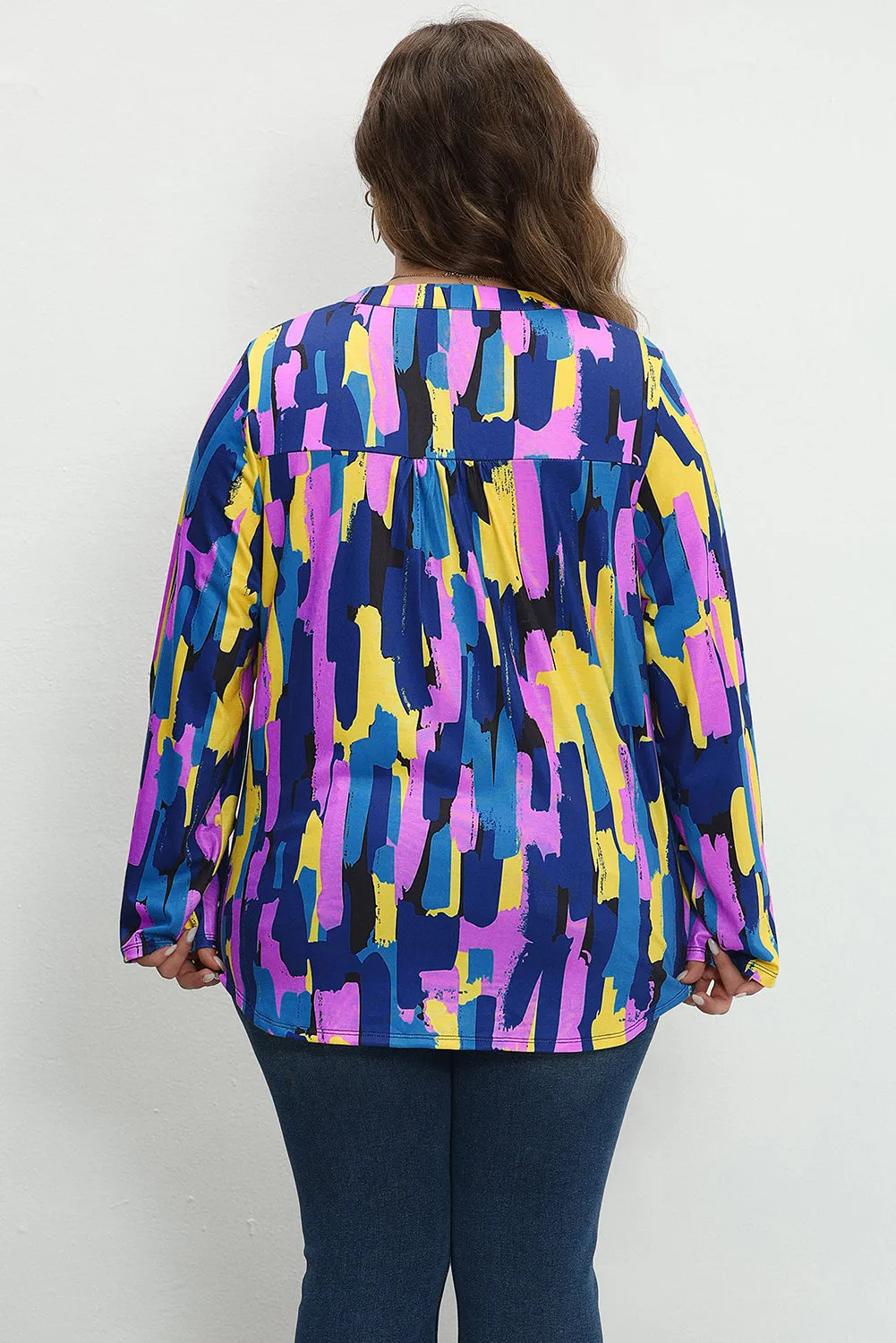 Blue Plus Size Brushstroke Print 3/4 Sleeve Blouse