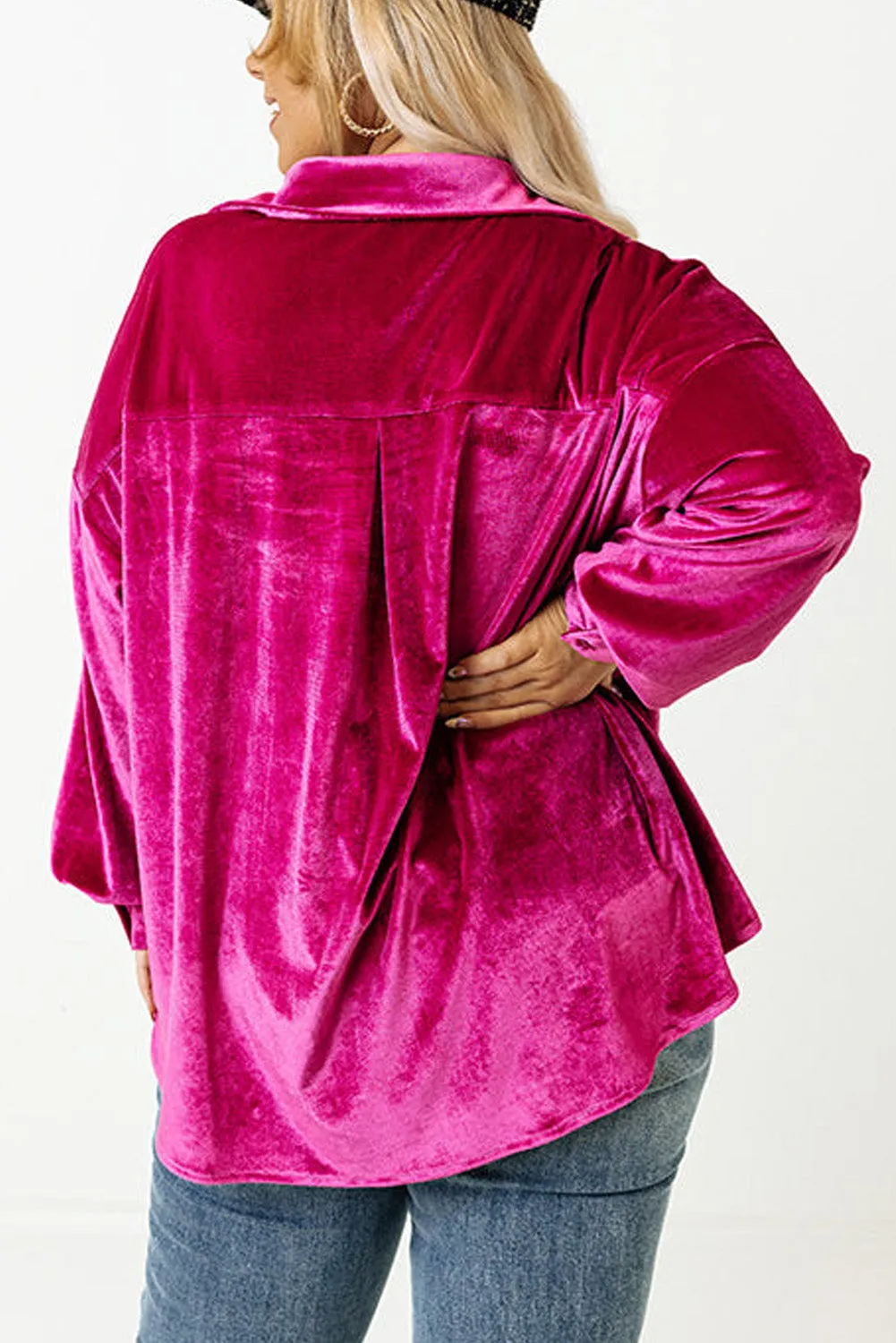 Bright Pink Plus Size Velvet Chest Pocket Drop Shoulder Shirt