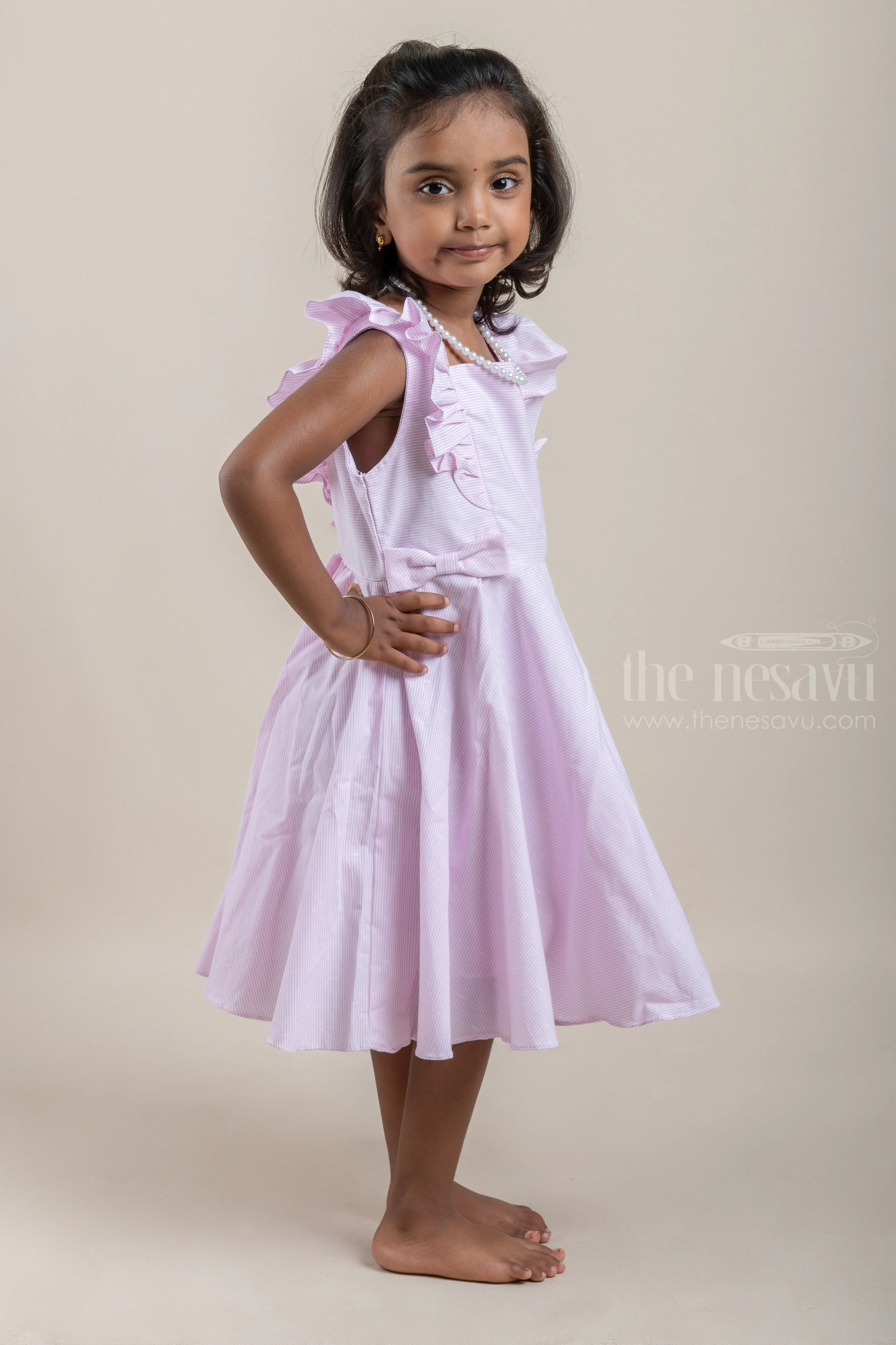 Casual Cotton Frock with Pink Pin Striped Design and Ruffled Yoke For Girls