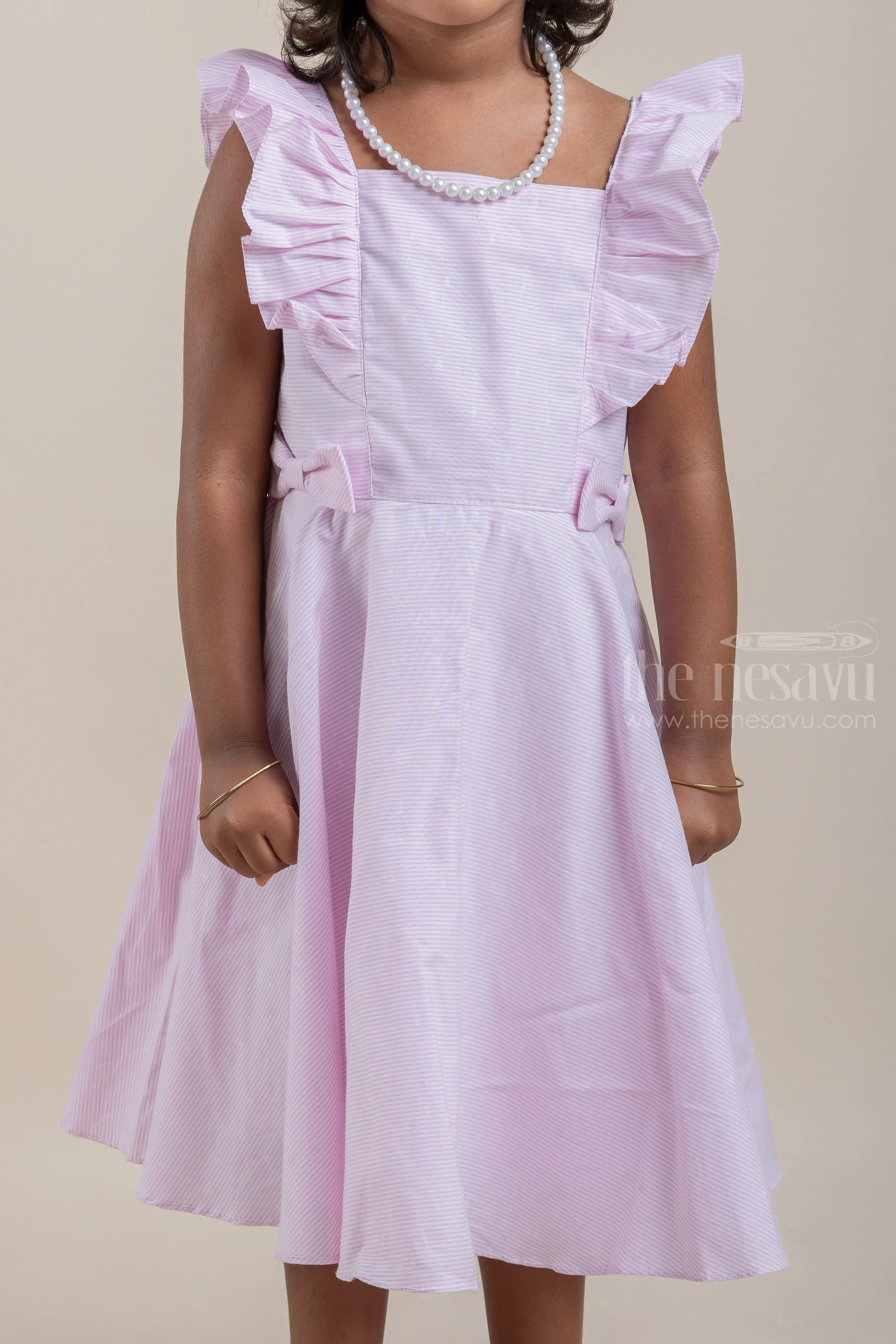 Casual Cotton Frock with Pink Pin Striped Design and Ruffled Yoke For Girls