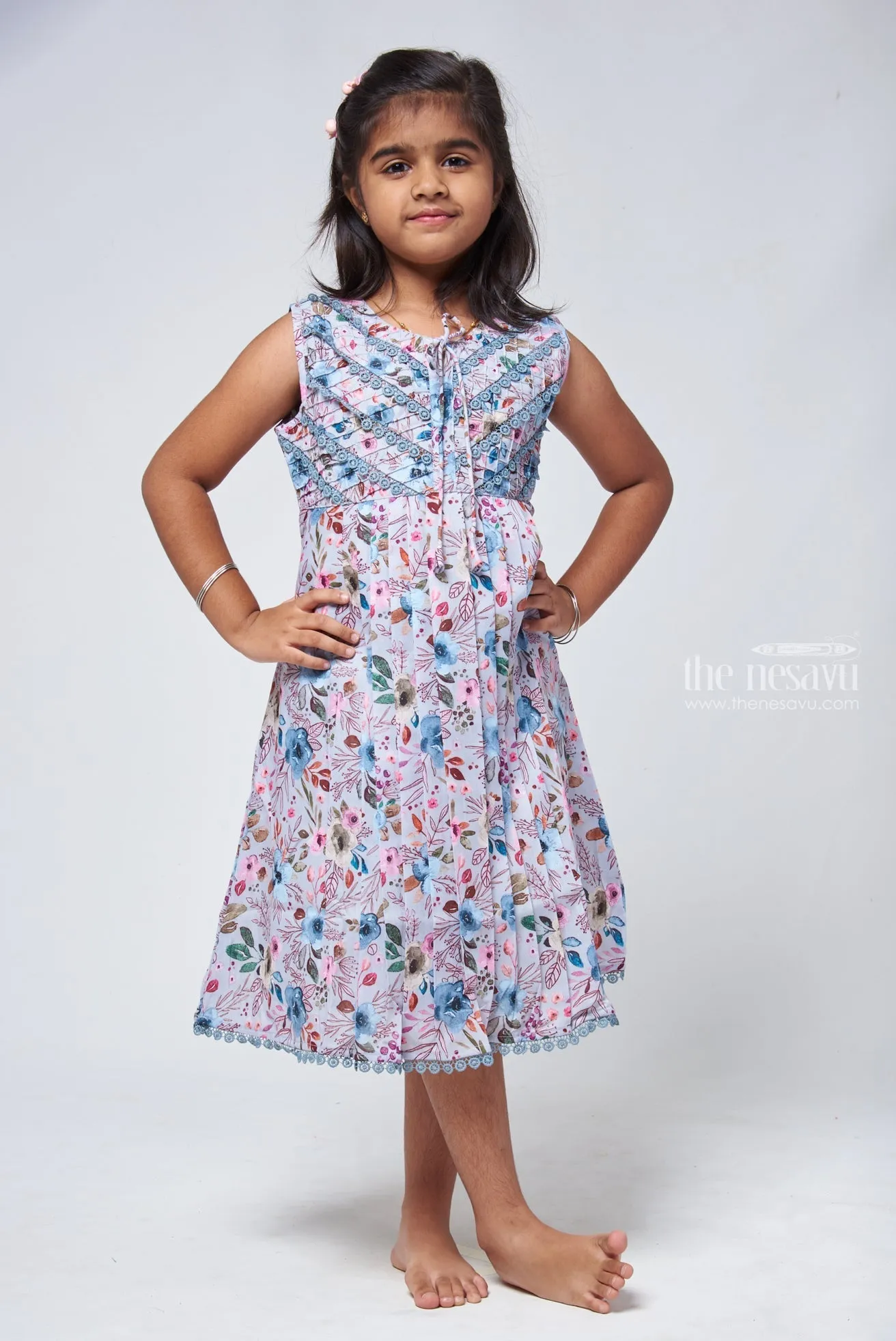 Chic Blue Floral Cotton Frock - Trendy Girls Dress