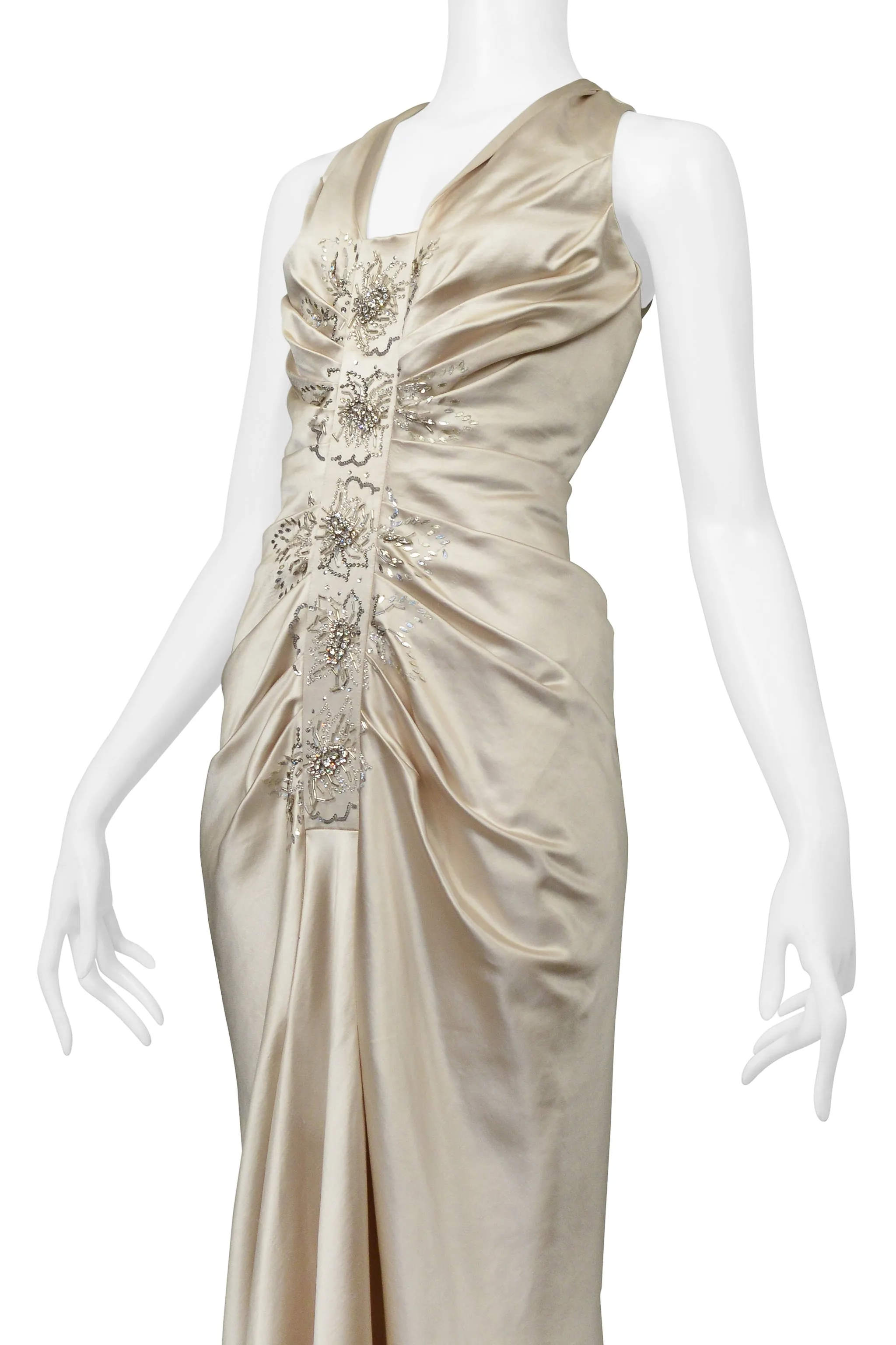 CHRISTIAN DIOR BY JOHN GALLIANO CHAMPAGNE SATIN DRESS WITH BEADING