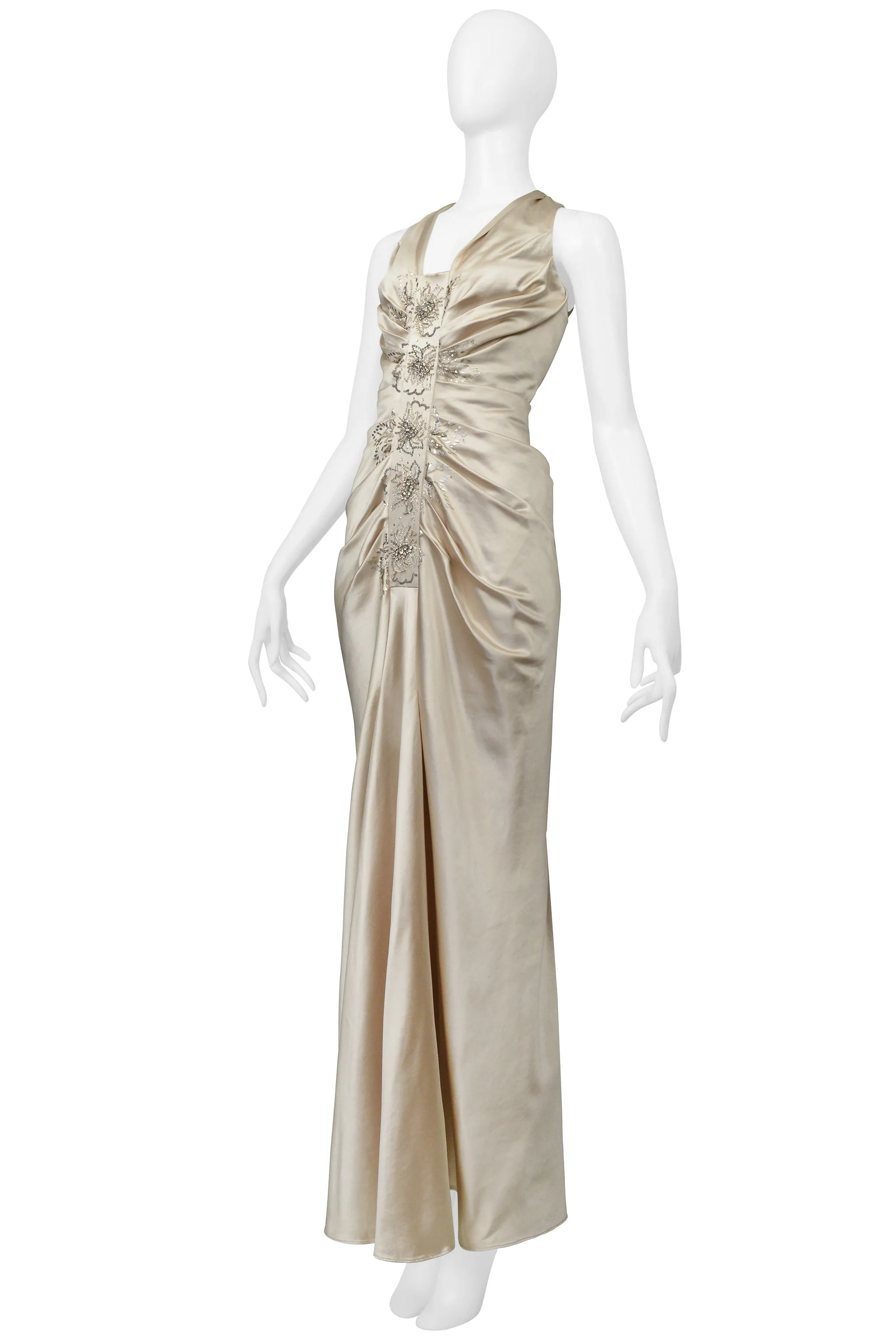 CHRISTIAN DIOR BY JOHN GALLIANO CHAMPAGNE SATIN DRESS WITH BEADING