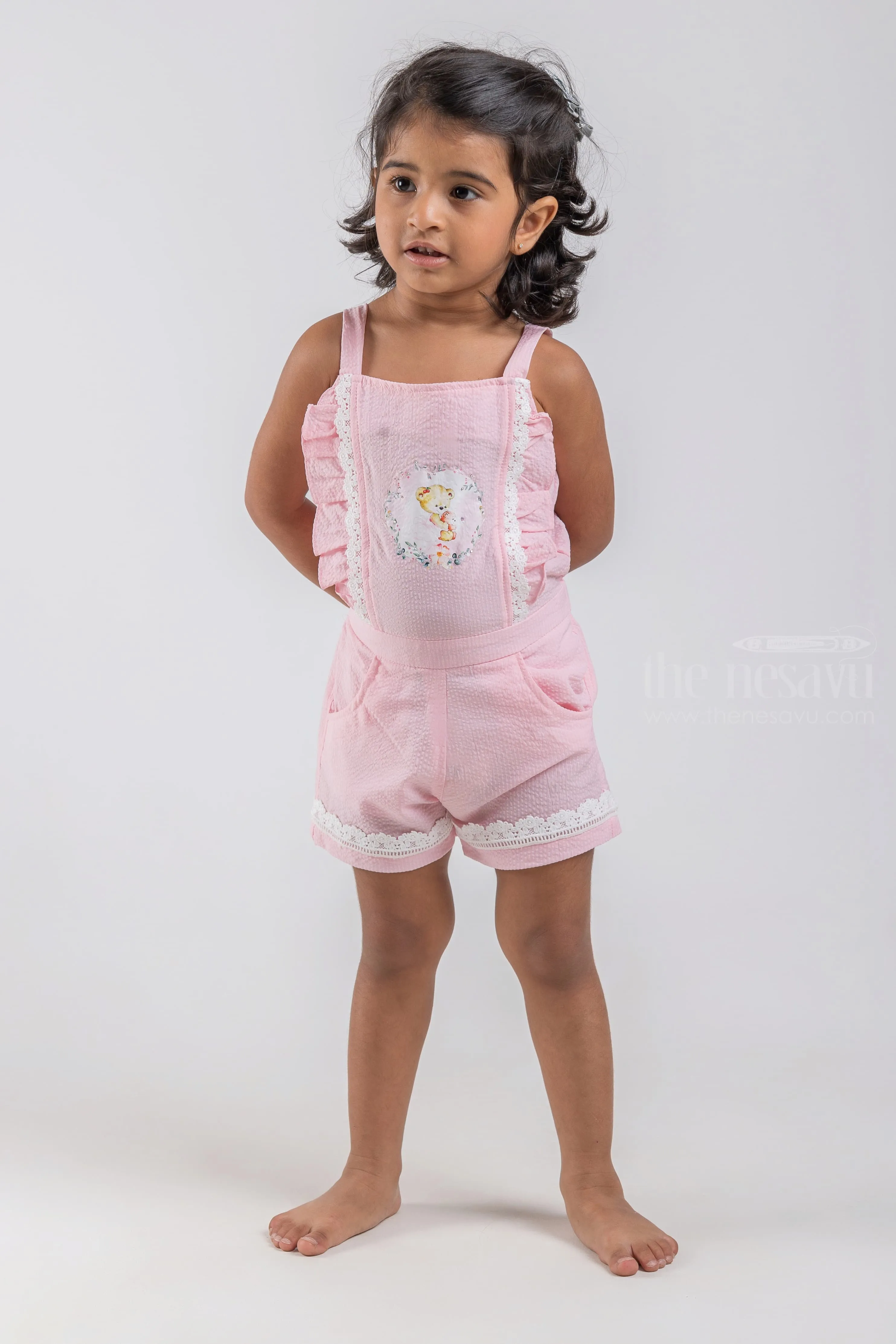 Cute Teddy Bear Printed Sleeveless Pink Top and Pink Trouser Set for Baby Girls