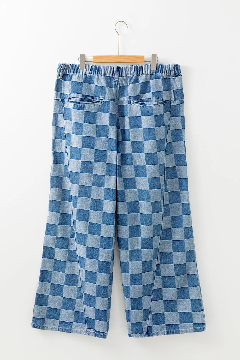 Dusk Blue Plus Size Checkered Seamed High Waist Wide Leg Jeans