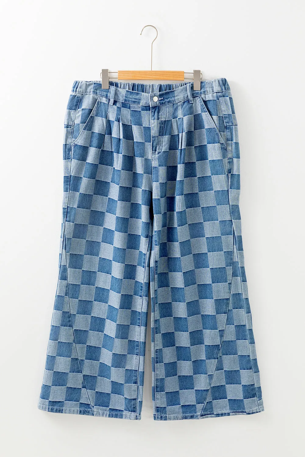 Dusk Blue Plus Size Checkered Seamed High Waist Wide Leg Jeans