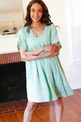 Everyday Mint Ditzy Floral Woven Dolman V Neck Dress (Open Pack)