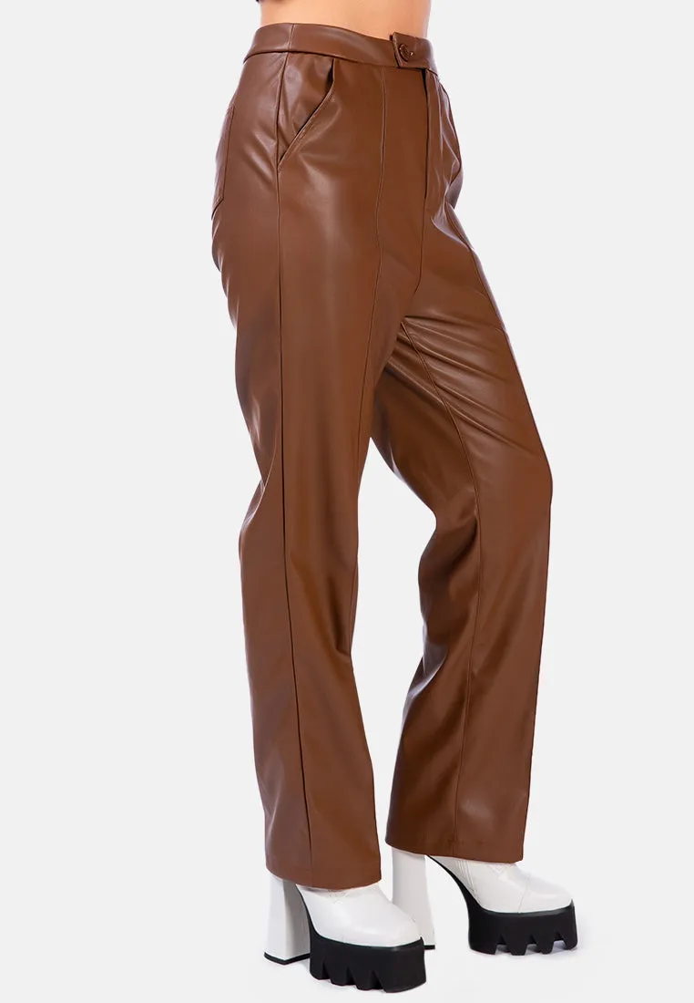 Faux Leather Pleated High Waist Trousers