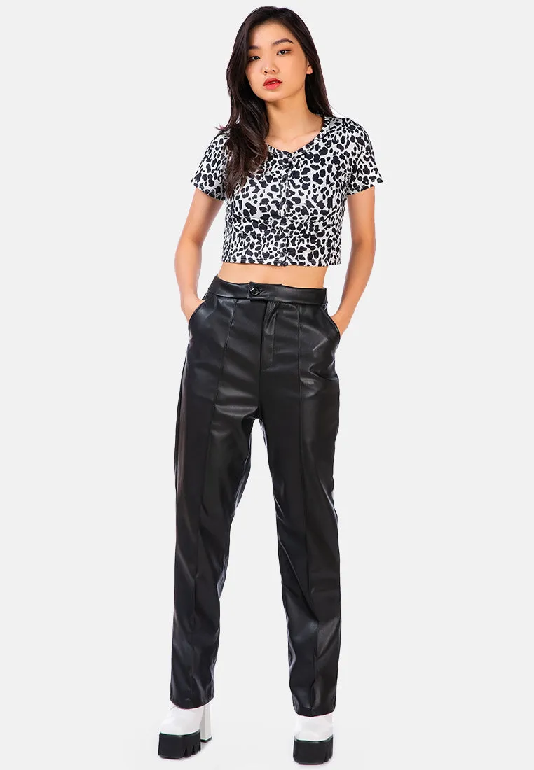 Faux Leather Pleated High Waist Trousers