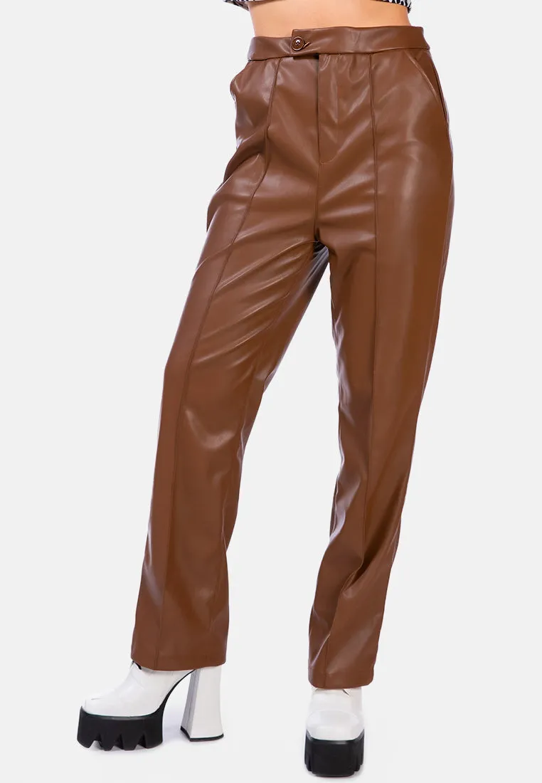 Faux Leather Pleated High Waist Trousers