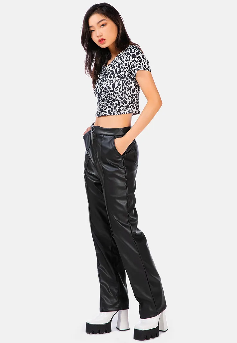 Faux Leather Pleated High Waist Trousers