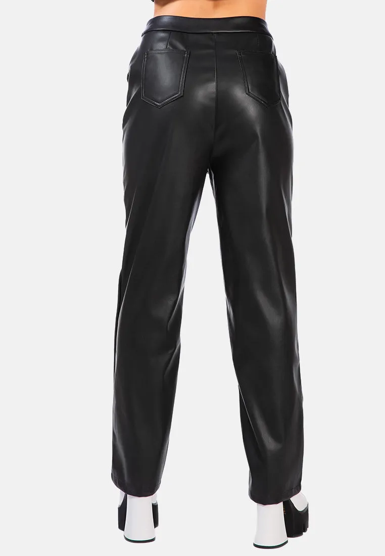 Faux Leather Pleated High Waist Trousers