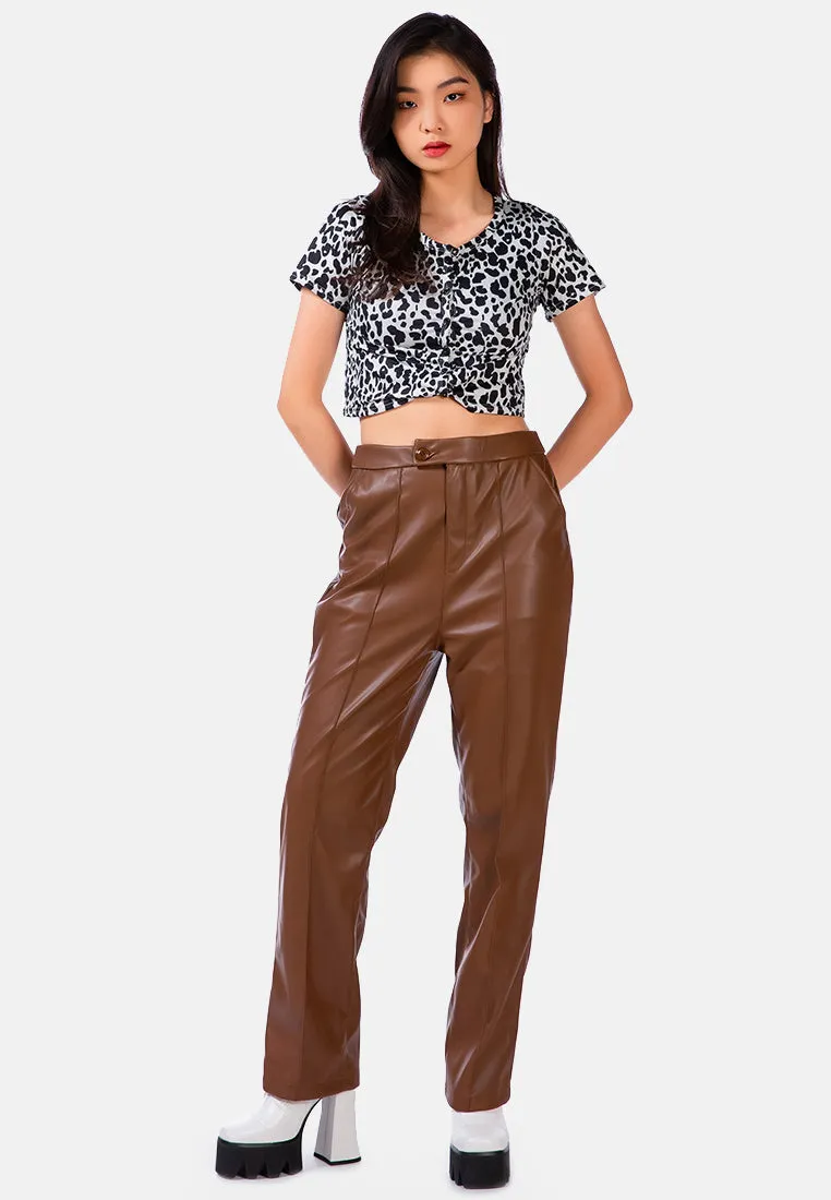 Faux Leather Pleated High Waist Trousers