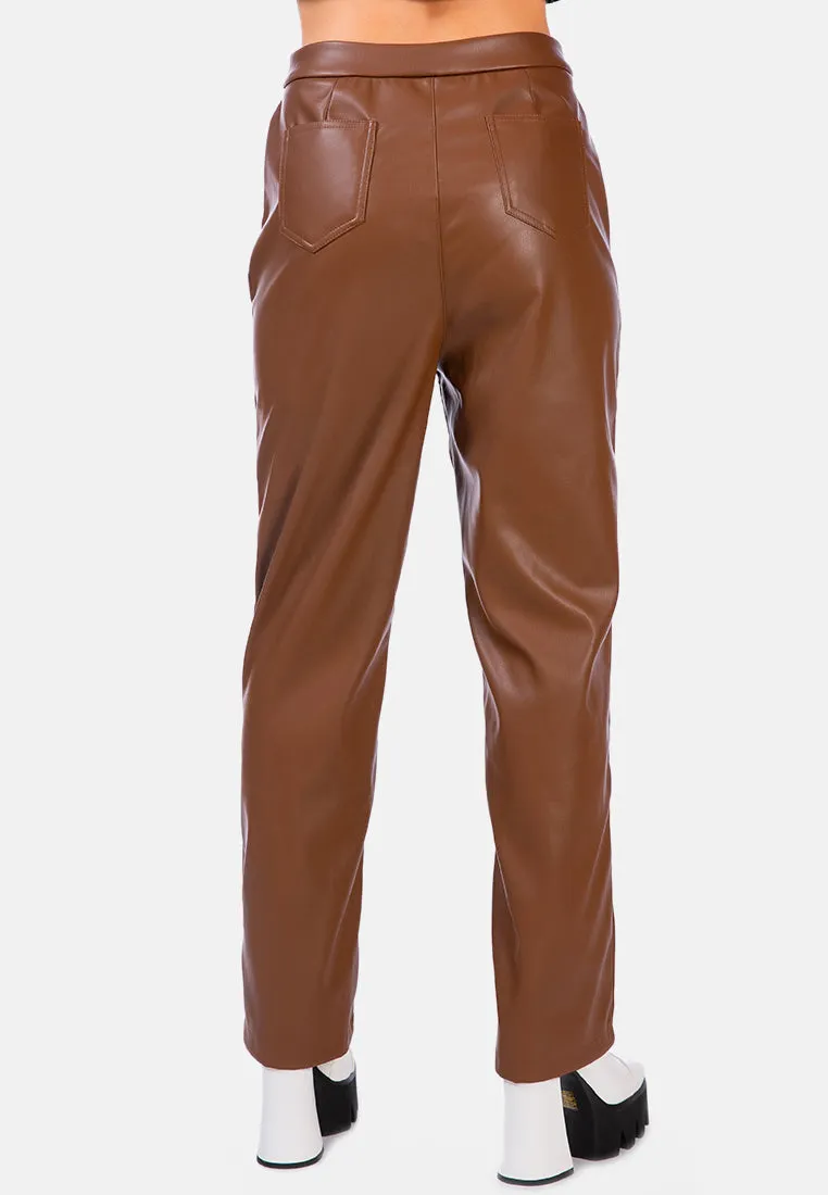 Faux Leather Pleated High Waist Trousers