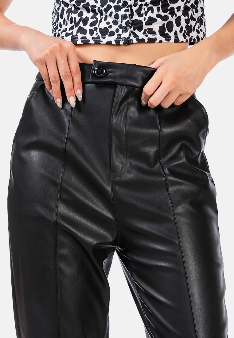 Faux Leather Pleated High Waist Trousers