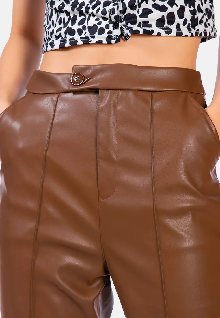 Faux Leather Pleated High Waist Trousers