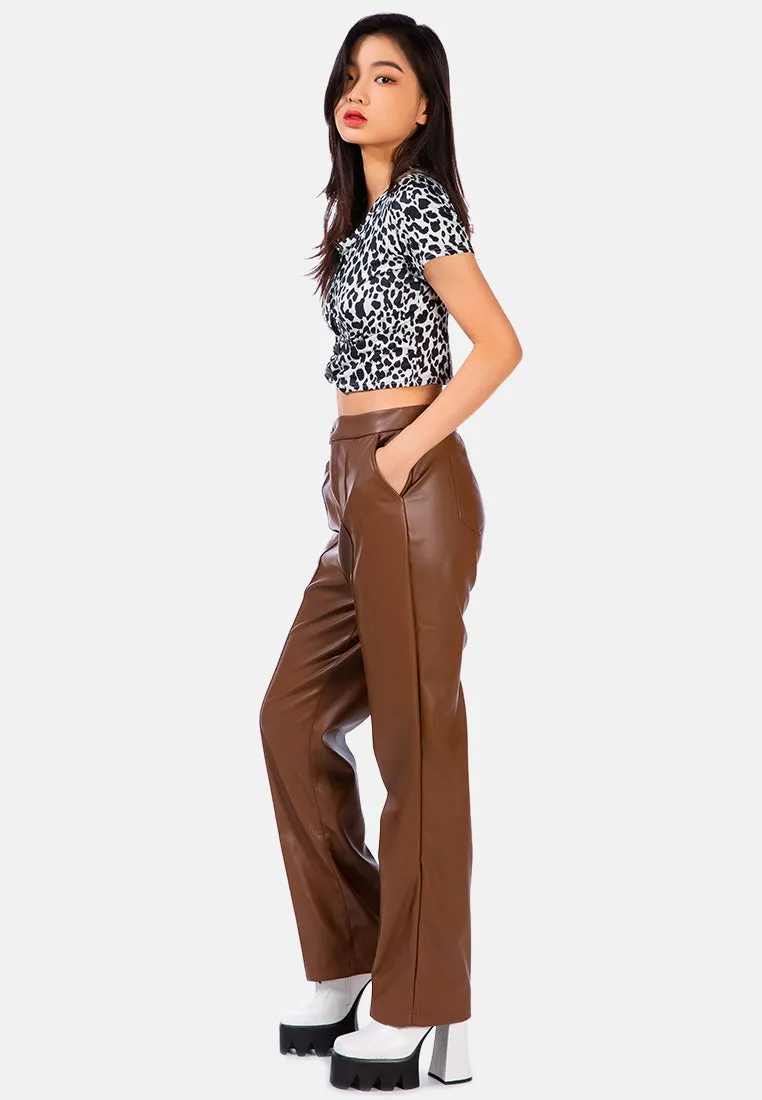 Faux Leather Pleated High Waist Trousers