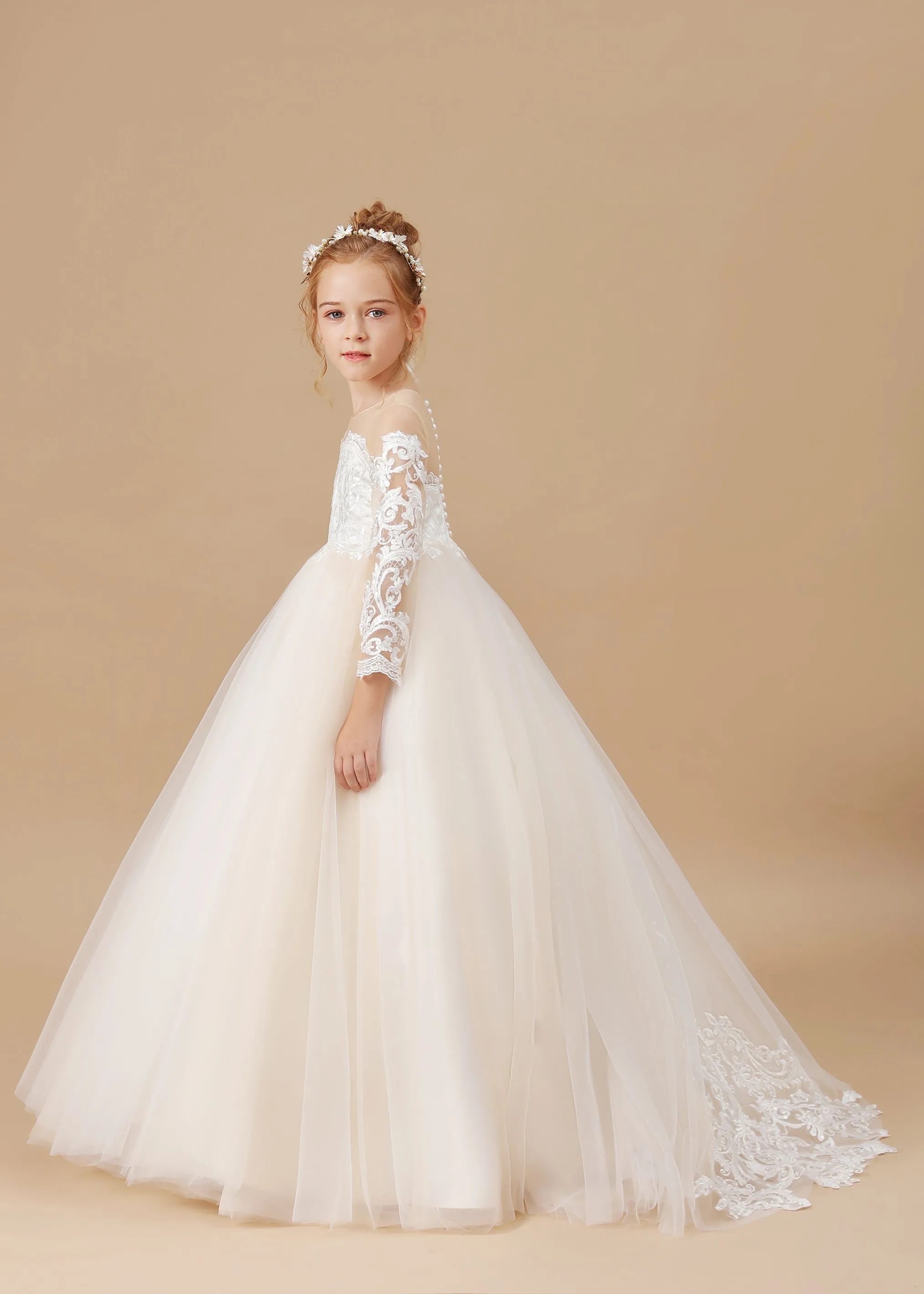 Floor-length Tulle Satin Long Sleeves Lace Flower Girl Dresses