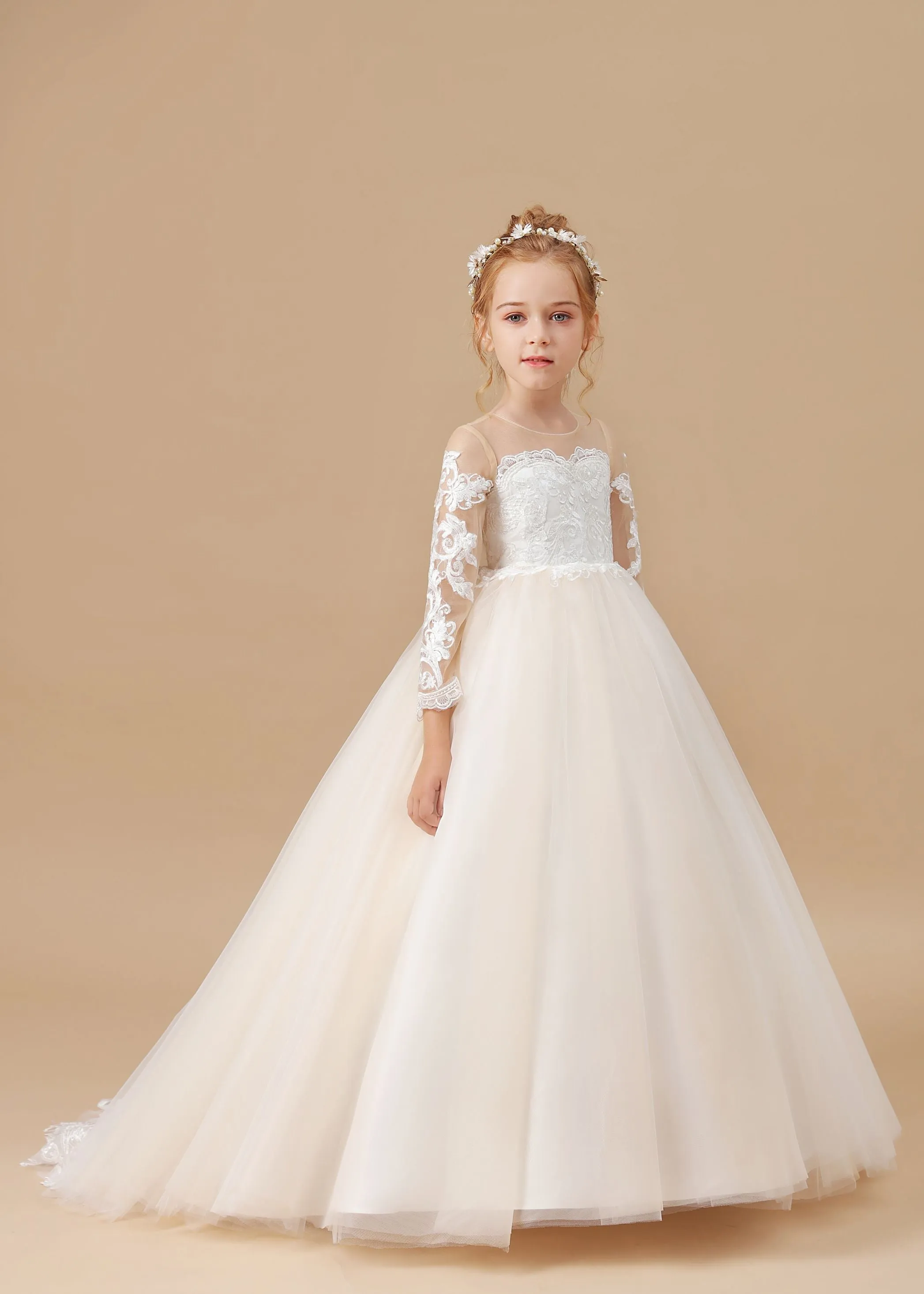 Floor-length Tulle Satin Long Sleeves Lace Flower Girl Dresses